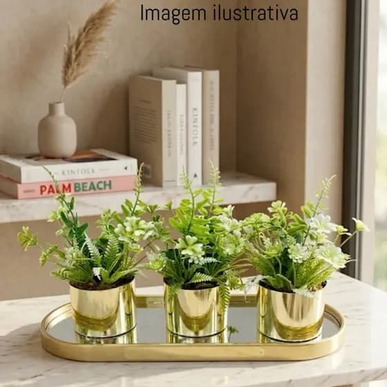 Kit minimalista com 3 vasinhos e plantas artificiais mistas, trevo da sorte, samambaia, matinho verde