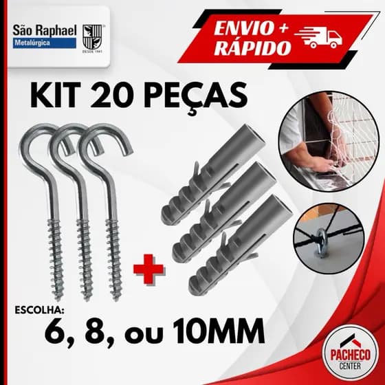 Kit de Gancho e Bucha para Fixação de 6, 8 ou 10 mm - 20 peças - São Raphael
