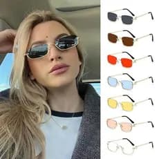 Óculos de Sol Feminino Estilo Vintage Pequeno Quadrado Meia Armação em Metal Elegante