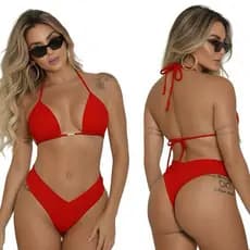 Biquini Conjunto Top Cortininha Calcinha Asa Delta EFEITO LIPO Bojo Removivel Canelado Cintura Alta