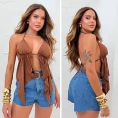 Top Malibu Cropped Bata Cortininha Com Bojo Suplex Costas Nua Boho Amarração