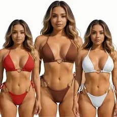 Conjunto de Biquini Feminino Cortininha Ajustavel Texturizado Sem Bojo Detalhe Argolas Moda Praia