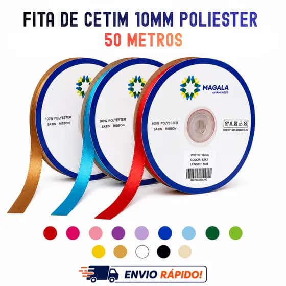 Fita de Cetim 10mm Poliester com 50 Metros