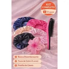 Kit Cuidado com o Cabelo – Escova + Touca de Cetim + Presilha Flor