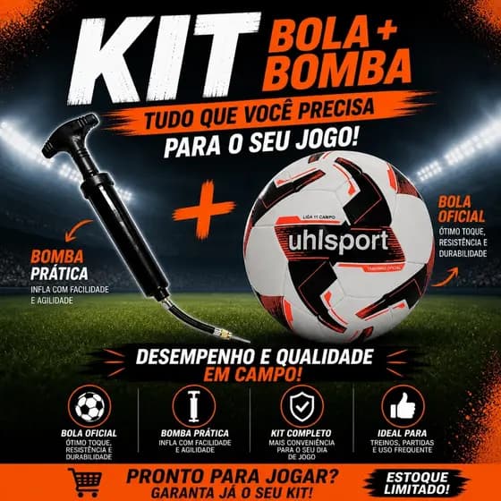 Kit Bola de Futebol + Bomba de Ar Manual Portátil Para Encher Bola Uhlsport Campo Oficial Resist Synergy Costurada Termo