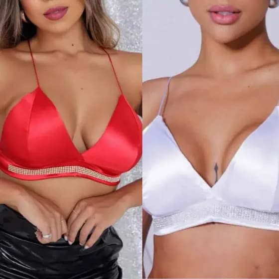 Top Cropped Decotado Feminino Alcinha Cetim Festa Strass Brilhante Look Perfeito Envio Imediato