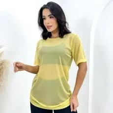 Blusa Feminina de Tule Transparente Manga Curta Tendência Fashion Fitness