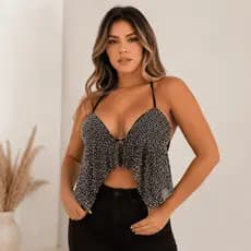 Cropped Feminino Decotado Paetê com Bojo Look Verão Carnaval Brilhante Tendência Festa