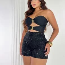 Conjunto De Short Paetê E Cropped De Fivela Feminino Moda Verão Entrega Imediata