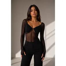 Body de Tule Feminino Decotado Forrado Sem Bojo Manga com Encaixe Moda Inverno Premium