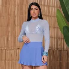 Body Feminino de Tule Transparente Manga Longa Colorido Candy Color Moda Verão