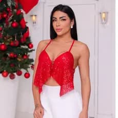 Cropped Feminino em Paetê Vermelho Com Brilho Decotado com Amarração