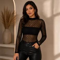 Body Tule Feminino Manga Longa Estampa Diamante Moda Elegante Premium