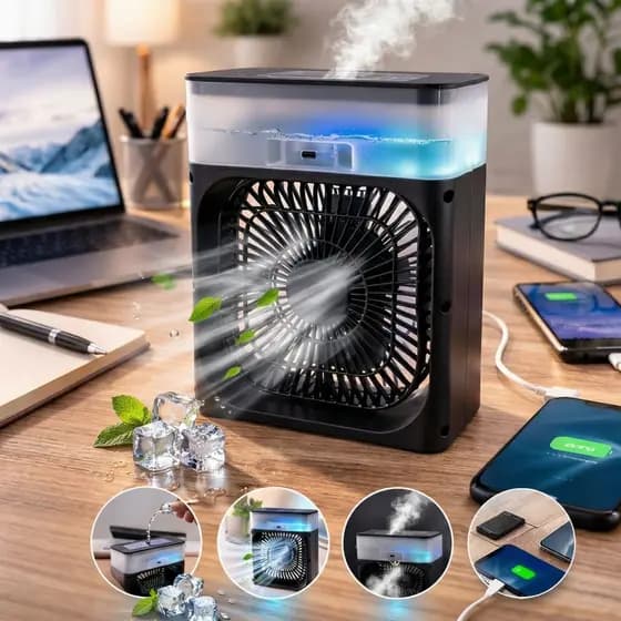 Climatizador de Ar Portátil USB – Refresca e Umidifica o Ar, Silencioso e Econômico