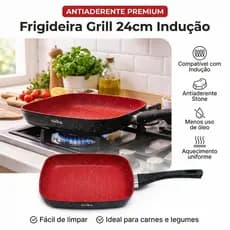 Frigideira Grill Quadrada 24cm Antiaderente Indução Stone Red Point Cabo Resistente