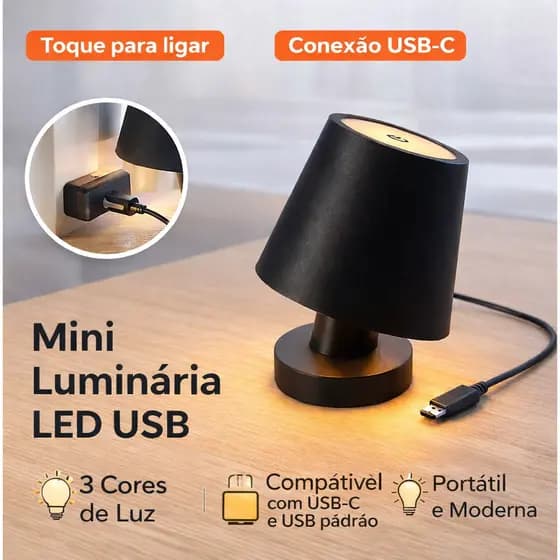 Mini Luminária LED USB Recarregável Touch 3 Cores Luz Abajur Portátil Preta
