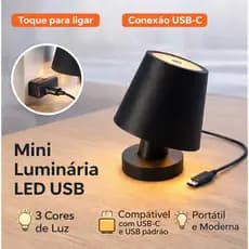 Mini Luminária LED USB Recarregável Touch 3 Cores Luz Abajur Portátil Preta