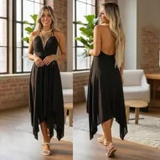 Vestido Midi Boho Feminino Decote V Frente Única Soltinho Assimétrico Verão Praia Elegante