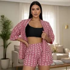 Conjunto kimono short feminino 2 peças manga curta tendência verão
