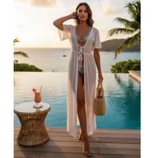 saída de praia de tule com manga curta acinturada resort luxo