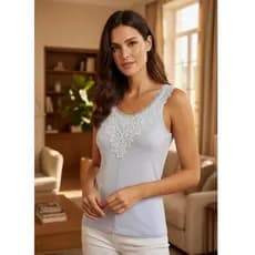 Blusa Feminina Regata com Renda em V gola redonda Moda Casual Confortável Elegante