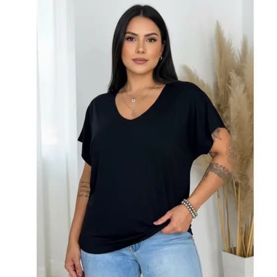 Blusa Gola V Manga curta soltinha Confortável Moda Casual Básica Elegante