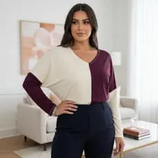 Blusa gola v manga longa ampla feminina meia estação confortável