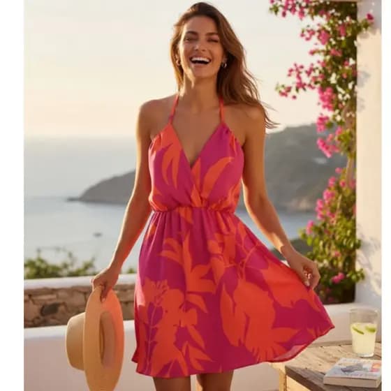 Vestido Feminino Verão Curto Estampado Decote V Alça Ajustável Solto Fresco Praia Casual