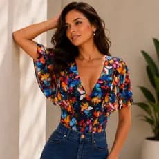 Body Feminino com Manga Flare Decote V Body Estampado Moda Feminina Verão Elegante
