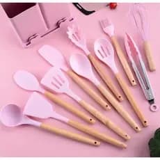Kit Completo de Utensílios de Cozinha 19 Peças, Suporte Organizador – Silicone Resistente e Cabo Amadeirado
