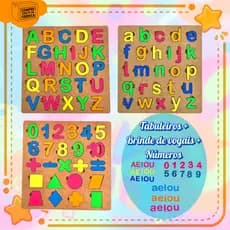 Kit 3 Tabuleiros Pedagógicos / Educativo Maiúsculas Minúsculas Números e Fromas em madeira