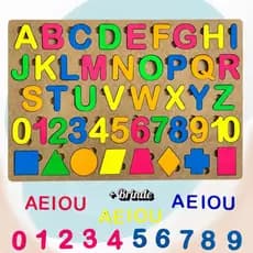 Tabuleiro Brinquedo Educativo / Pedagógico Alfabeto Letras Numerais e Formas Coloridos em madeira