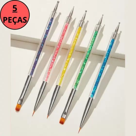 Kit 5 Pinceis Boleadores 2 Em 1 Ponta Dupla Decoração Unhas Nail Art Pontilhismo Manicure Pedicure