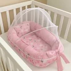 Ninho Redutor de Berço Para Bebe Mosquiteiro Portátil Kit 2 Peças Enxoval Menina Menino Rosa Azul