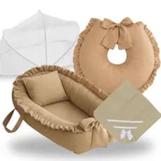 Ninho Redutor de Berço Bebe Almofada Para Amamentação Mosquiteiro Manta Kit 4 Peças Enxoval Caqui