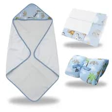 Toalha de Banho Para Bebe com Capuz Trocador Portátil 5 Fralda Boca Ombro Kit 3 Peças Menino Azul