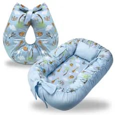 Ninho Redutor de Berço Para Bebe Menino Almofada Amamentação Kit 2 Peças Enxoval Safari Azul