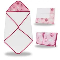 Toalha de Banho Para Bebe com Capuz Trocador Portátil 5 Fralda Boca Ombro Kit 3 Peças Menina Rosa