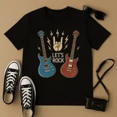 Camiseta Algodão Rock and Roll Let's Rock – Estampa Guitarras Vintage Unissex