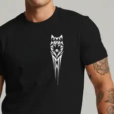 Camiseta Lobo Tribal Masculina Minimalista Estampa Peito Streetwear Algodão Conforto Premium