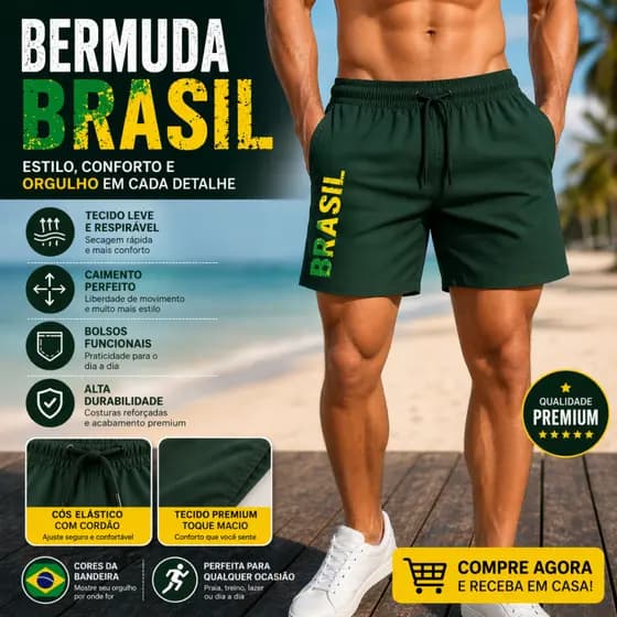 Short Masculino Tactel Brasil Mauricinho Com Zíper Bolsos Laterais Praia Academia Confortável