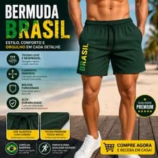 Short Masculino Tactel Brasil Mauricinho Com Zíper Bolsos Laterais Praia Academia Confortável