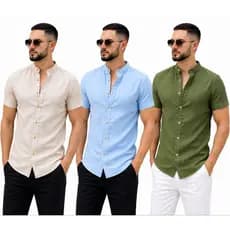 Camisa social de linho  Slim, Masculina Manga Curta Gola Padre | Leve, Elegante, Moderna Ênvio rápido qualidade Premium