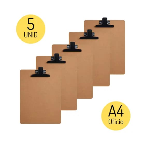 Prancheta A4 De Madeira MDF Com Prendedor De Metal Kit C/ 5 - Garra Preta