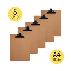 Prancheta A4 De Madeira MDF Com Prendedor De Metal Kit C/ 5 - Garra Preta