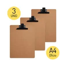Prancheta A4 De Madeira MDF Com Prendedor De Metal Kit C/ 3 - Garra Preta