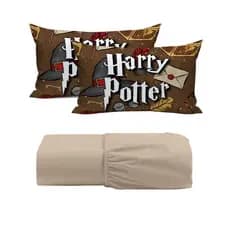 Jogo de Lençol Queen Temático Harry Potter Jovem Bruxo Magia 02 Fronhas Estampada e 01 Lençol Liso Com Elástico