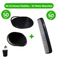 Pente Masculino Kit 50un + Escova Pata Pata 50un de Bolso Preto Cabelo e Barba Barbearia atacado