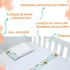 Jogo de Lençol de Mini Berço 03 pçs 100% Algodão com Elástico Vira Estampado Acabamento Ponto Palito