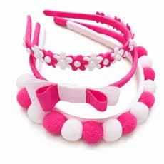 KIT 3 Tiaras Infantil Arquinho Pink Com Pompons Florzinhas Pérola Acessorio Cabelo Infantil Arco Rosa Pink Laço Infantil